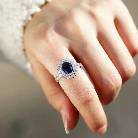 NEW 925 Silver Diamond Oval Sapphire Halo Ring - Picture 1 of 8
